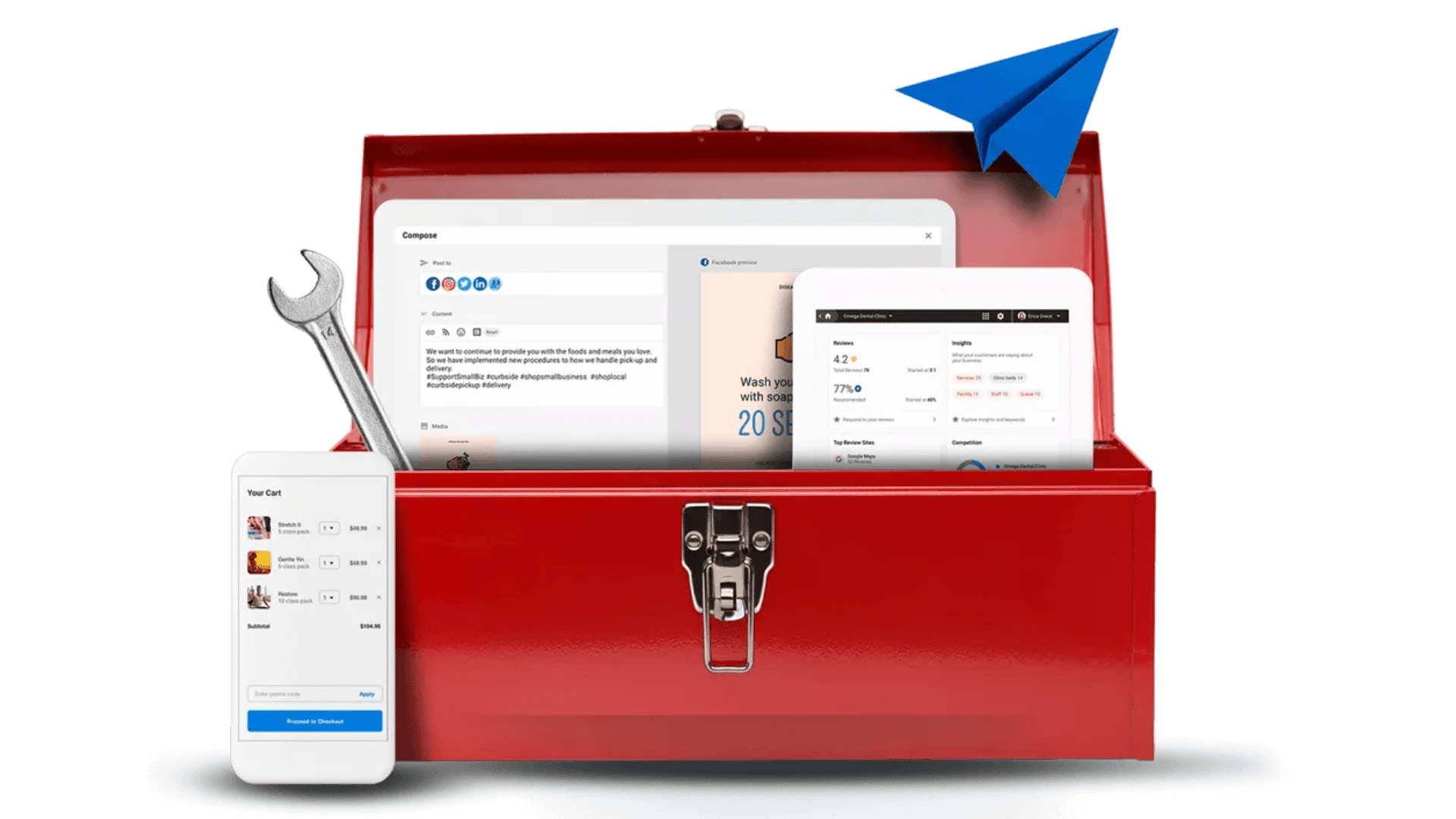 Graphic showing a red toolbox with digital marketing tools inside of it.