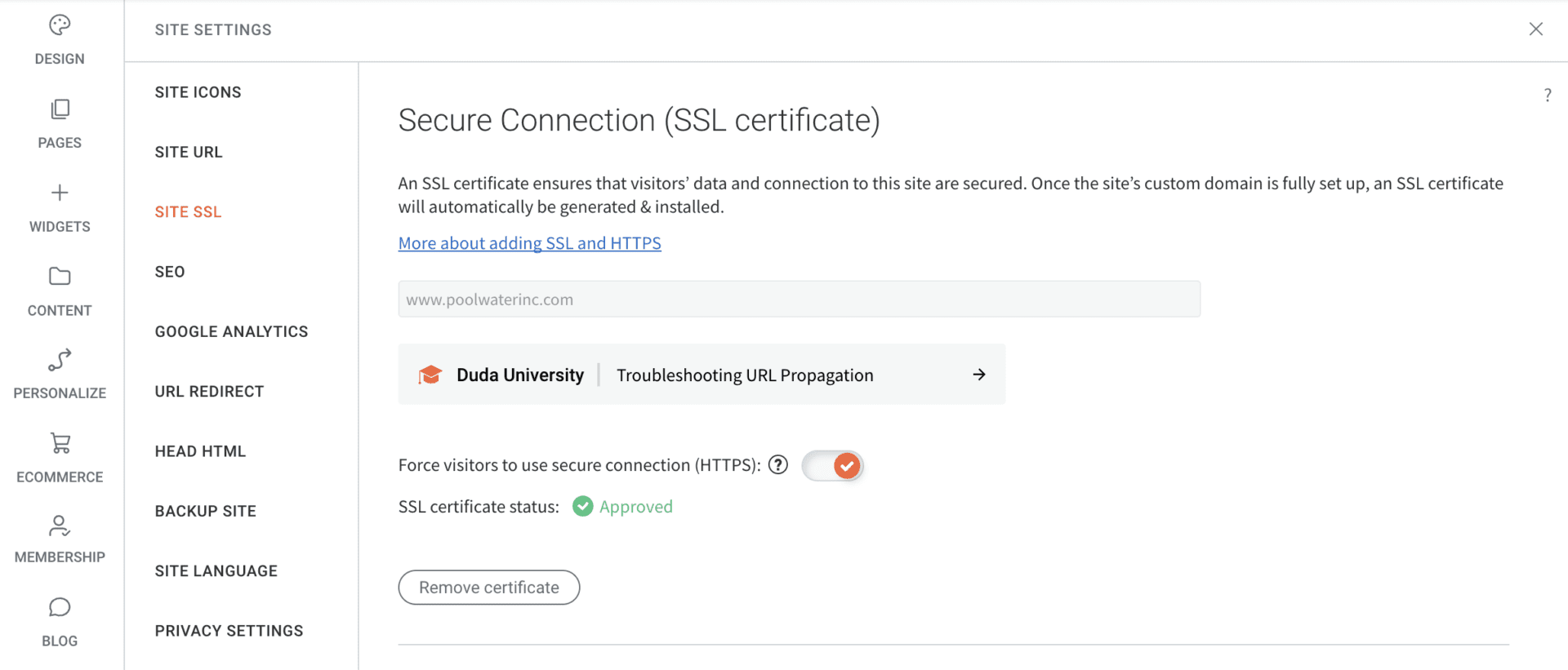 How to Enable SSL for Wix, Squarespace, and Duda Screenshot showing the SSL settings on a Duda website.