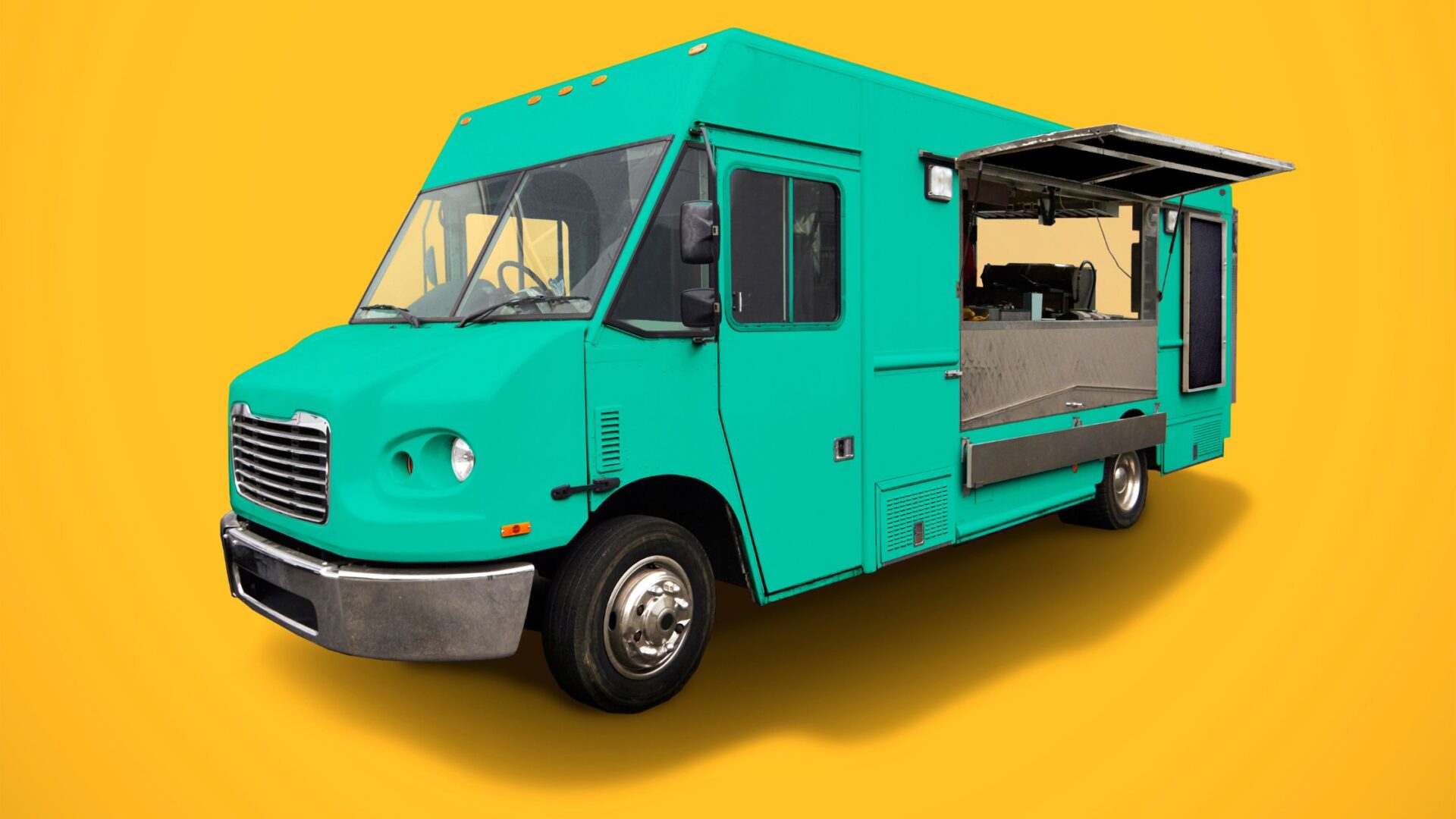 Graphic of a teal food truck with a yellow background.