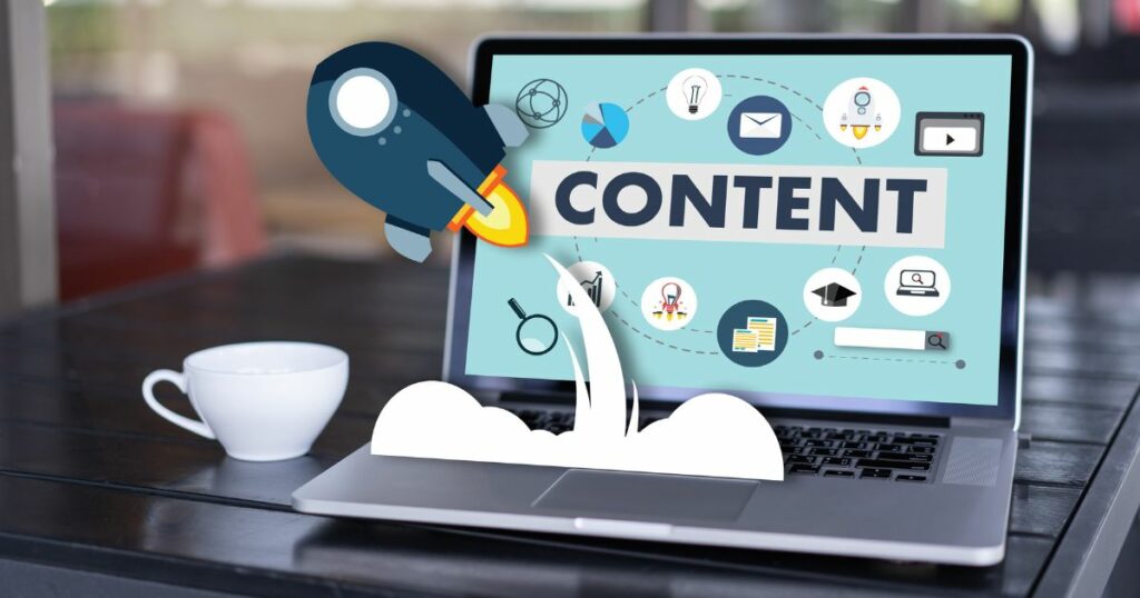 How to Choose a Content Marketing Service: Our 7 Top Tips Graphic showing a laptop with a rocket ship taking off.