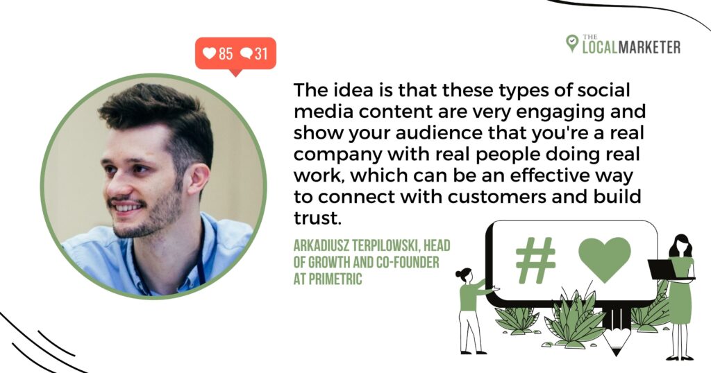 15 Strategies For Creating Social Media Content Consistently Graphic showing quote and headshot of Arkadiusz Terpilowski.