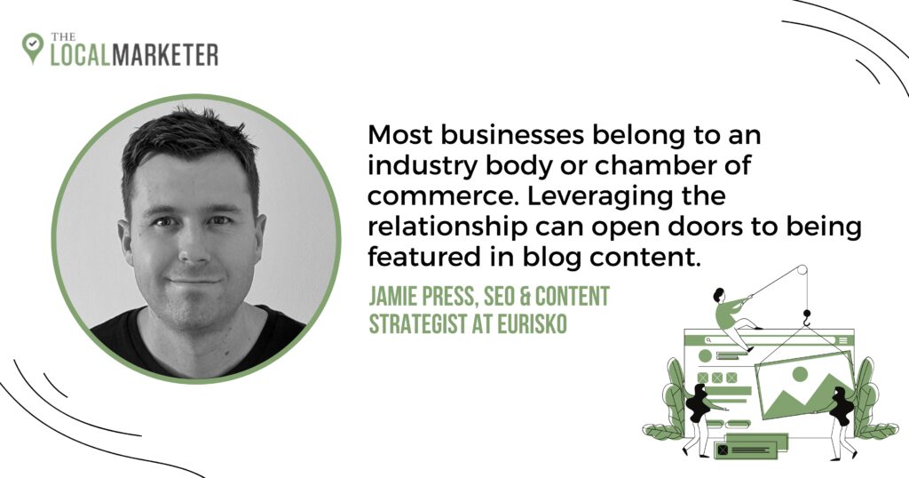12 Ways to Build Quality Backlinks to Your Business Website Graphic showing photo of Jamie Press with a tip on how to build quality backlinks.