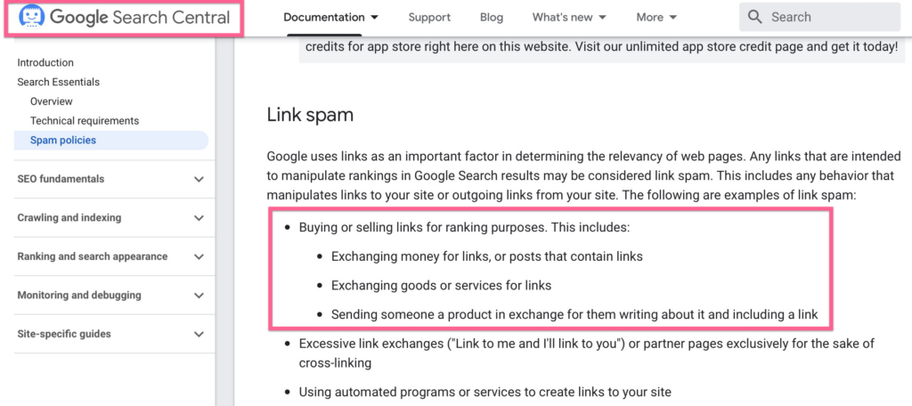 SEO Pricing For Small Business: One BIG Discovery ๐ Screenshot of Google's Search Central Link spam warnings to help explain how much does seo cost for a small business.