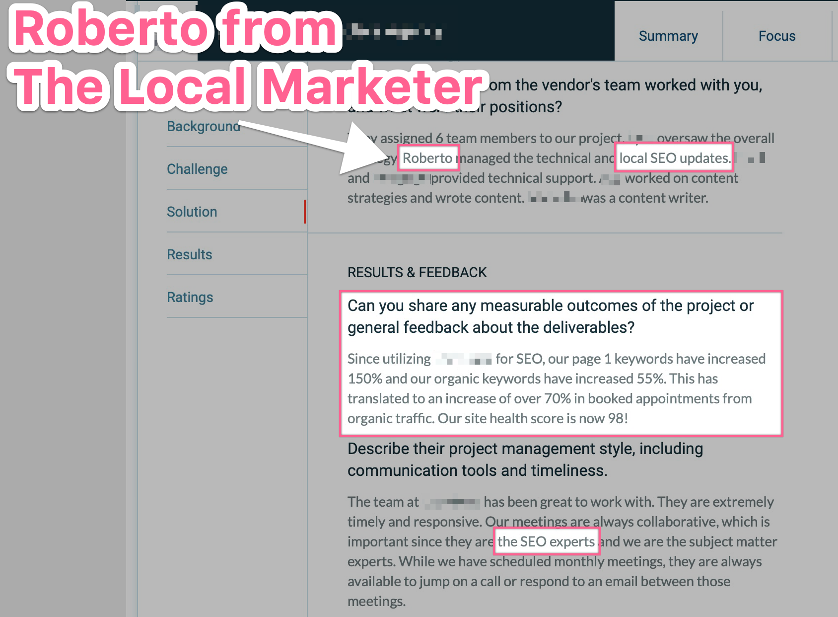 Screenshot of a review from UpCity
